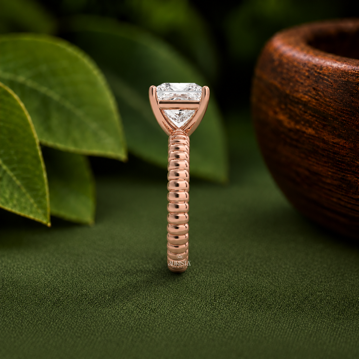 Princess Shape Lab Grown Diamond Ring, Unique Ribbed Dome Rose Gold Solitaire Band