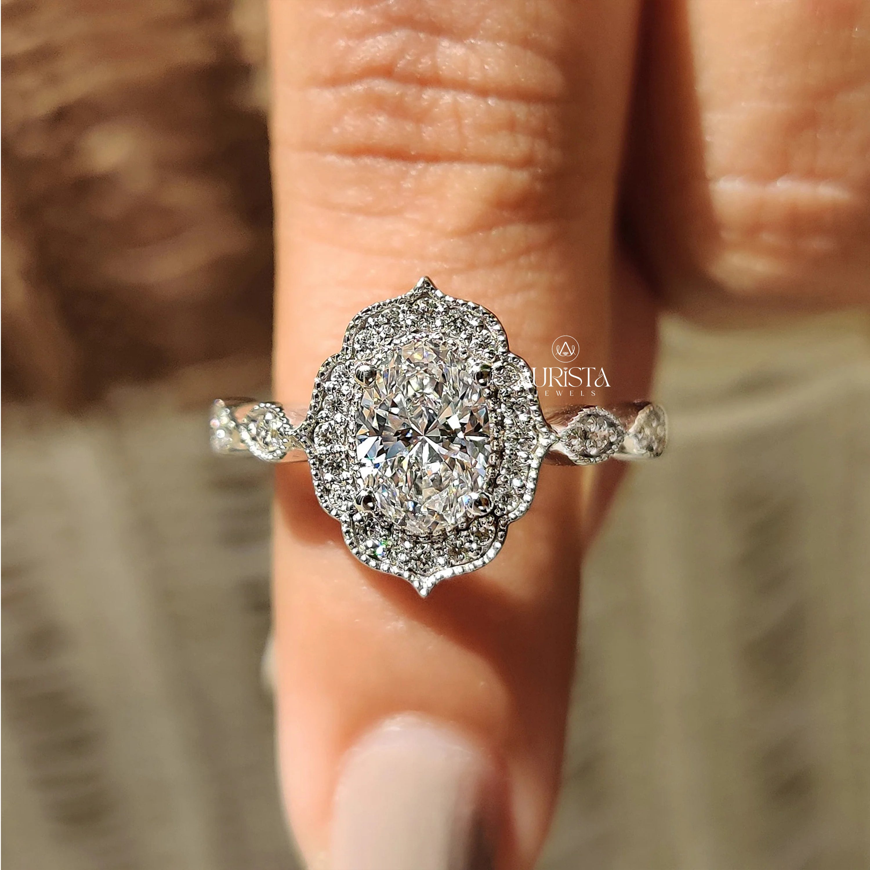The Antique Blossom: Oval Diamond Scalloped Halo Ring