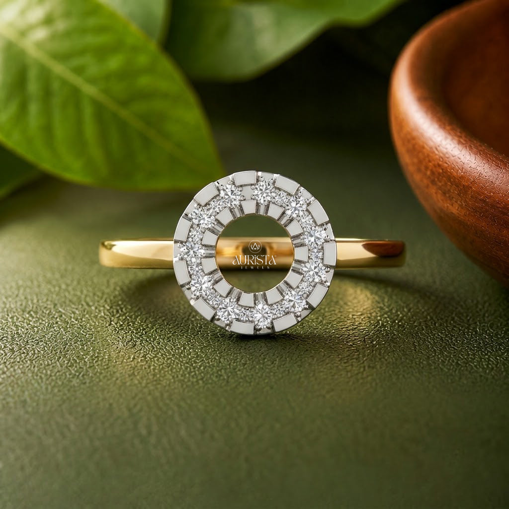 Lab Grown Diamond Gold Halo Ring Geometric Statement Band Modern Stacking Ring Chic