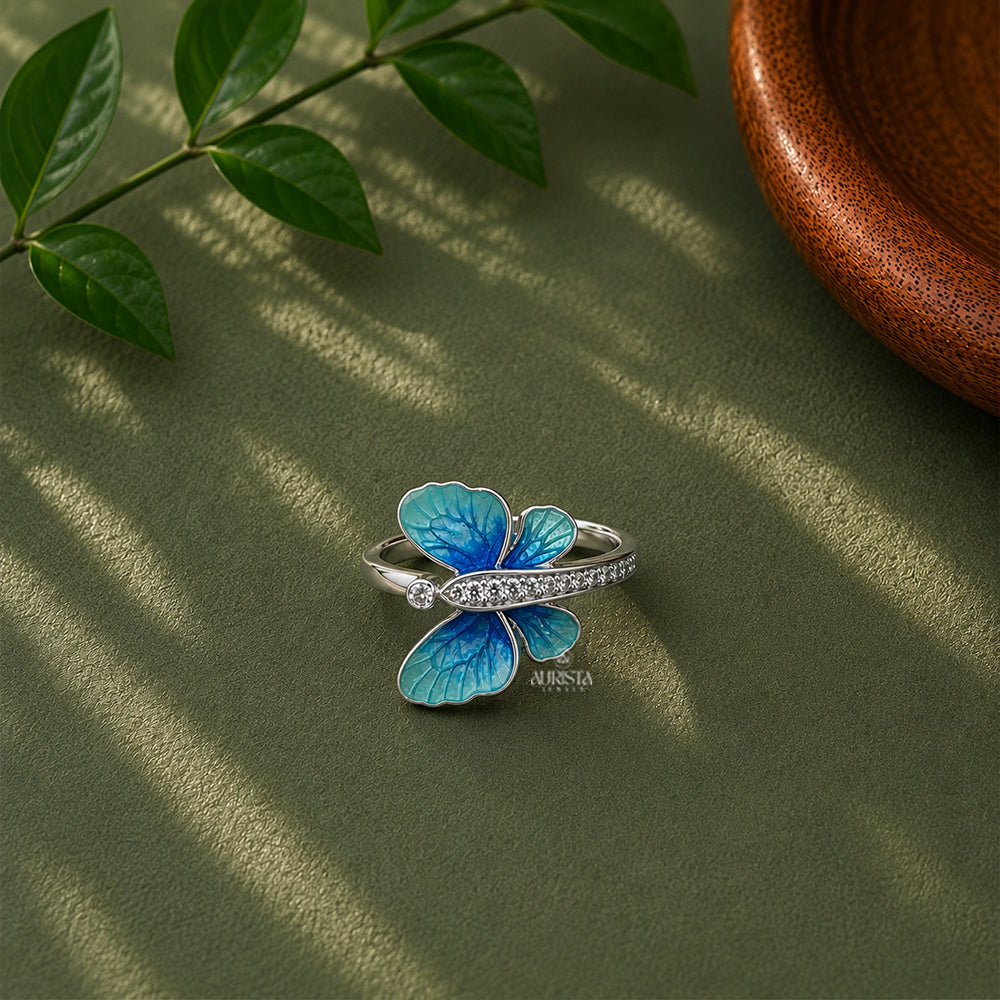 Blue Butterfly Moissanite Ring Round Cut Enamel Statement Animal Ring For Women