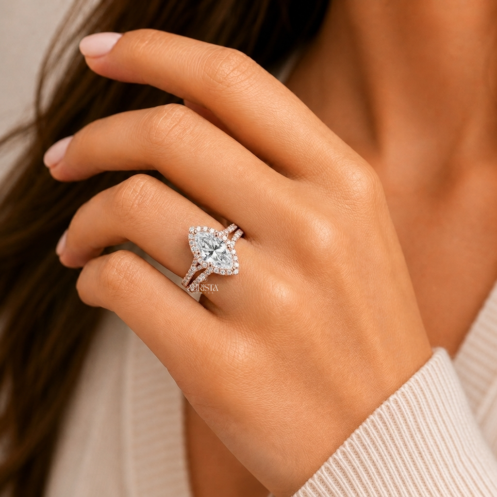 2.00 Carats Marquise Shape Lab Grown Diamond Ring Set, Halo Split Shank Bridal Ring Set