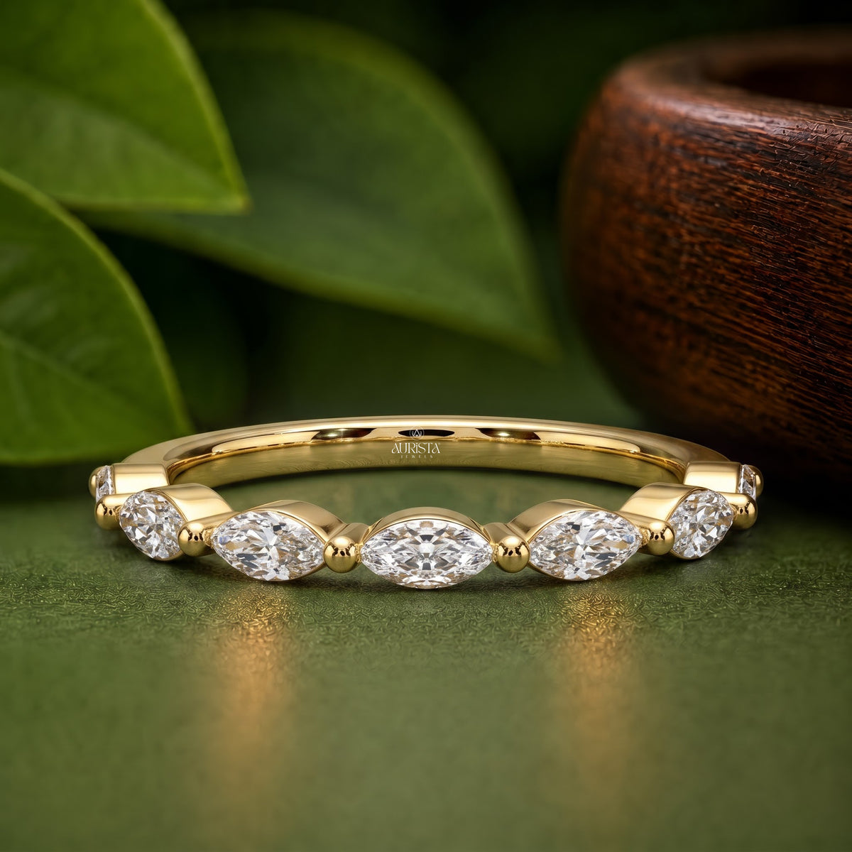 Marquise Lab Grown Diamond Band, Yellow Gold Stacking Ring With Marquise Stones