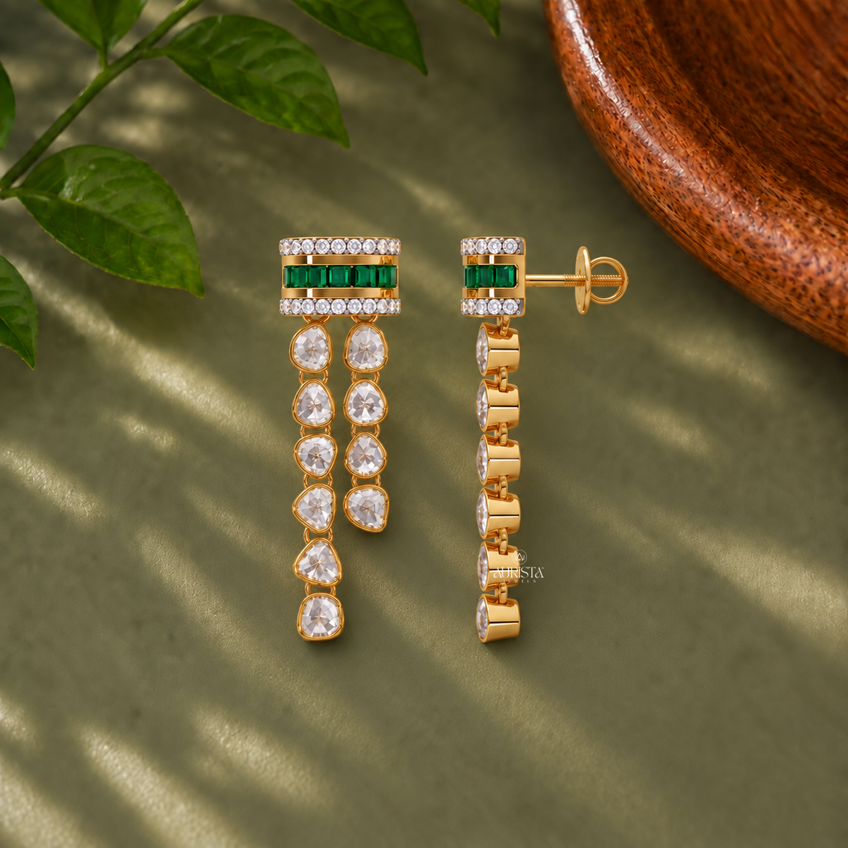 Traditional Polki & Green Emerald Dangle Earrings Lab Grown in Diamond Festive
