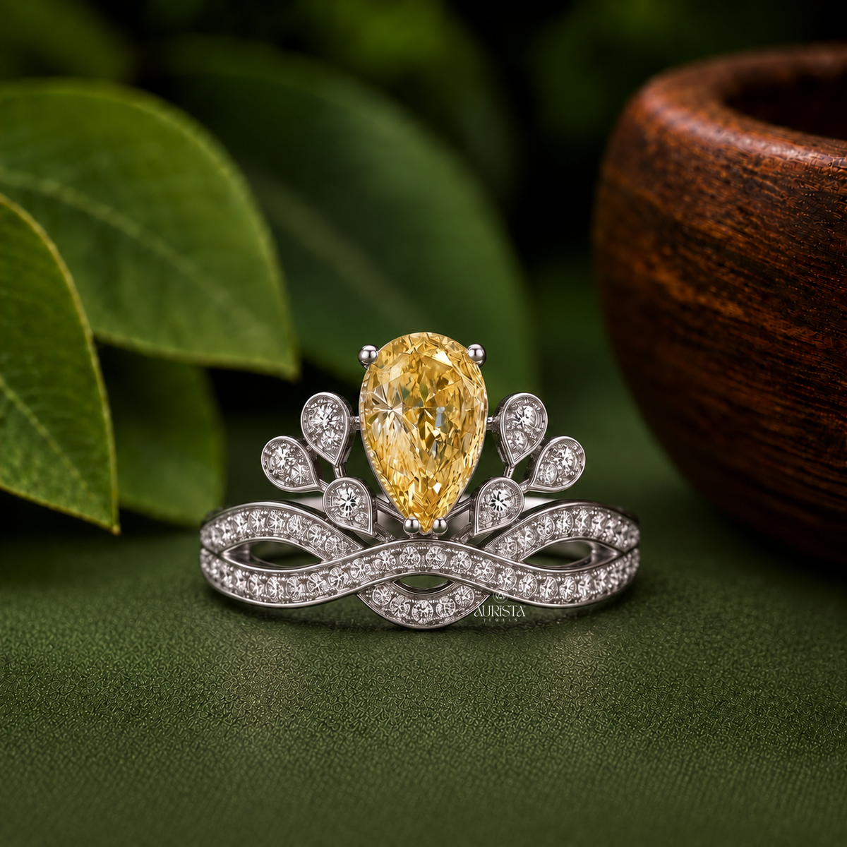 Lab Grown in Diamond Yellow Pear Crown Ring Statement Floral Ring Jewelry