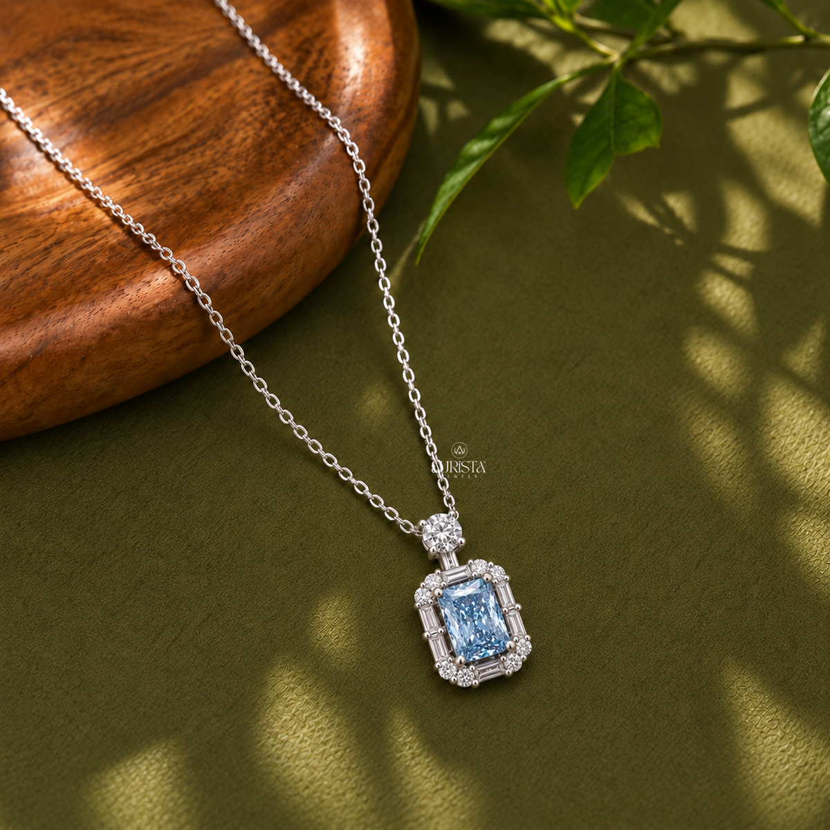 Sky Color Diamond Halo Pendant Necklace Lab Grown in Diamond Silver Fine Jewelry