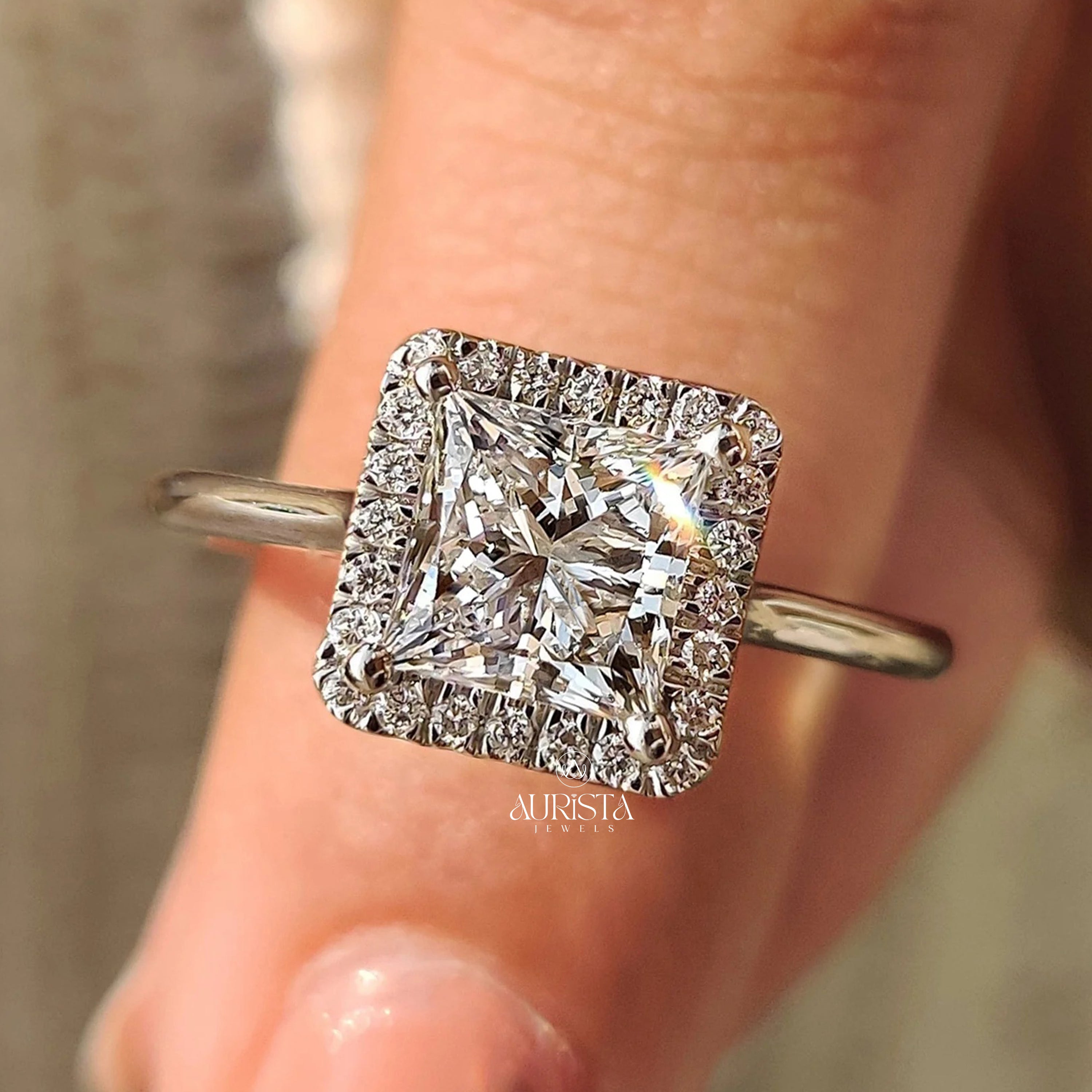 The Geometric Halo: Princess Cut Diamond Ring in Solid Gold