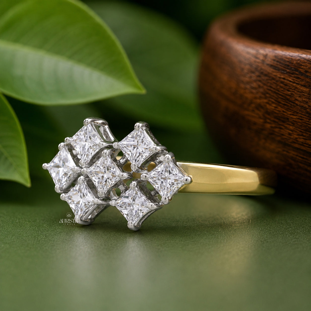 Princess Cut Lab Grown Diamond Cluster Ring, Unique Geometric Statement Wedding Band