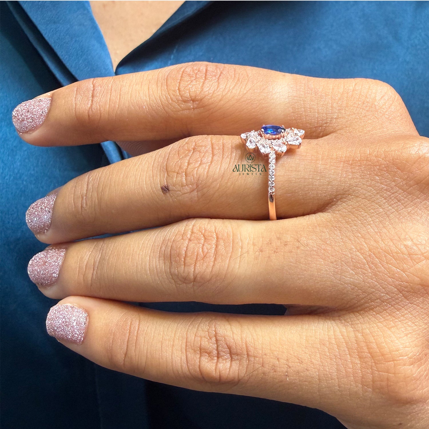 Blue Oval Cluster Ring Floral Design Luxury Moissanite Wedding Statement Jewelry