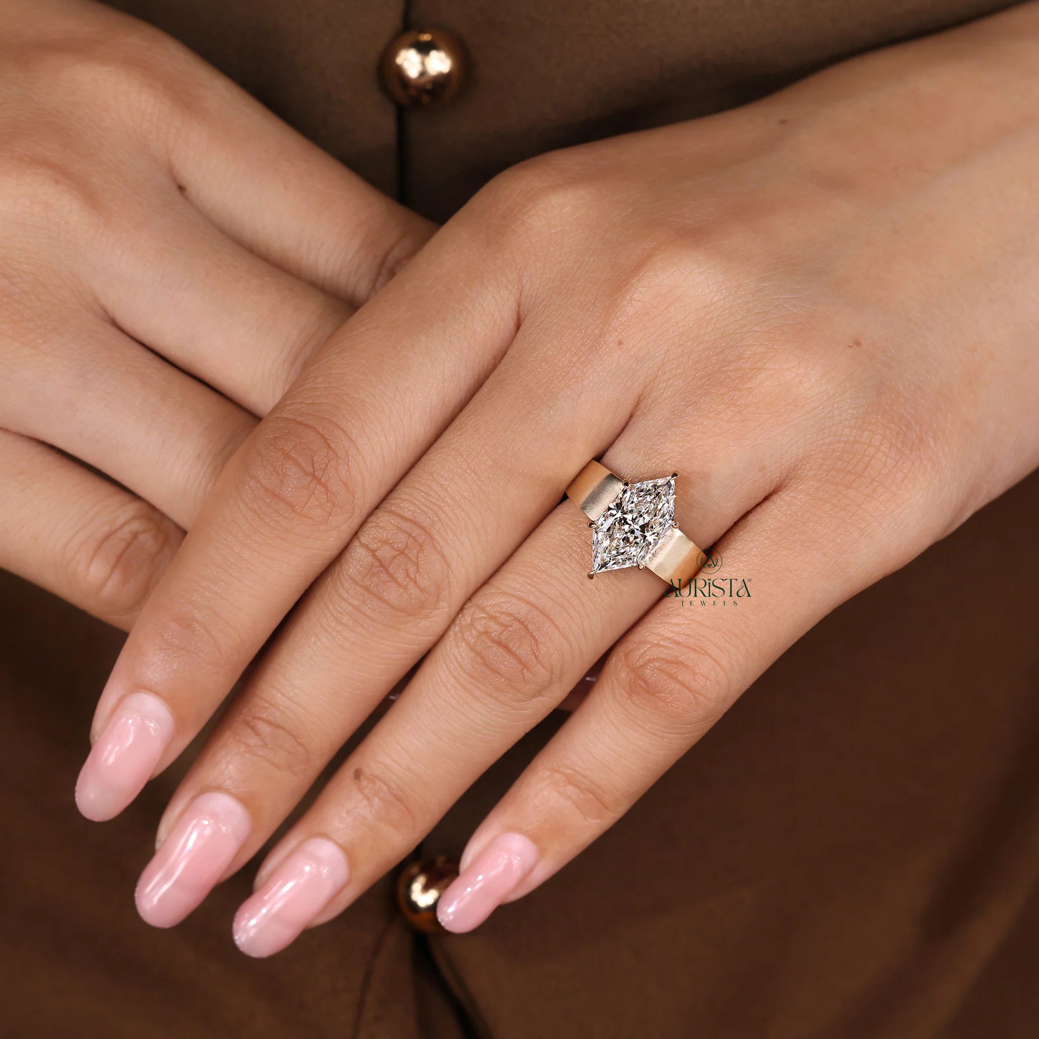 Dutch Marquise Cut Diamond Ring with Wide Brushed Gold Band