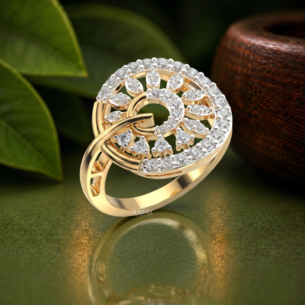 Round Moissanite Diamond Flower Motif Statement Band In Yellow Gold Fine Jewelry