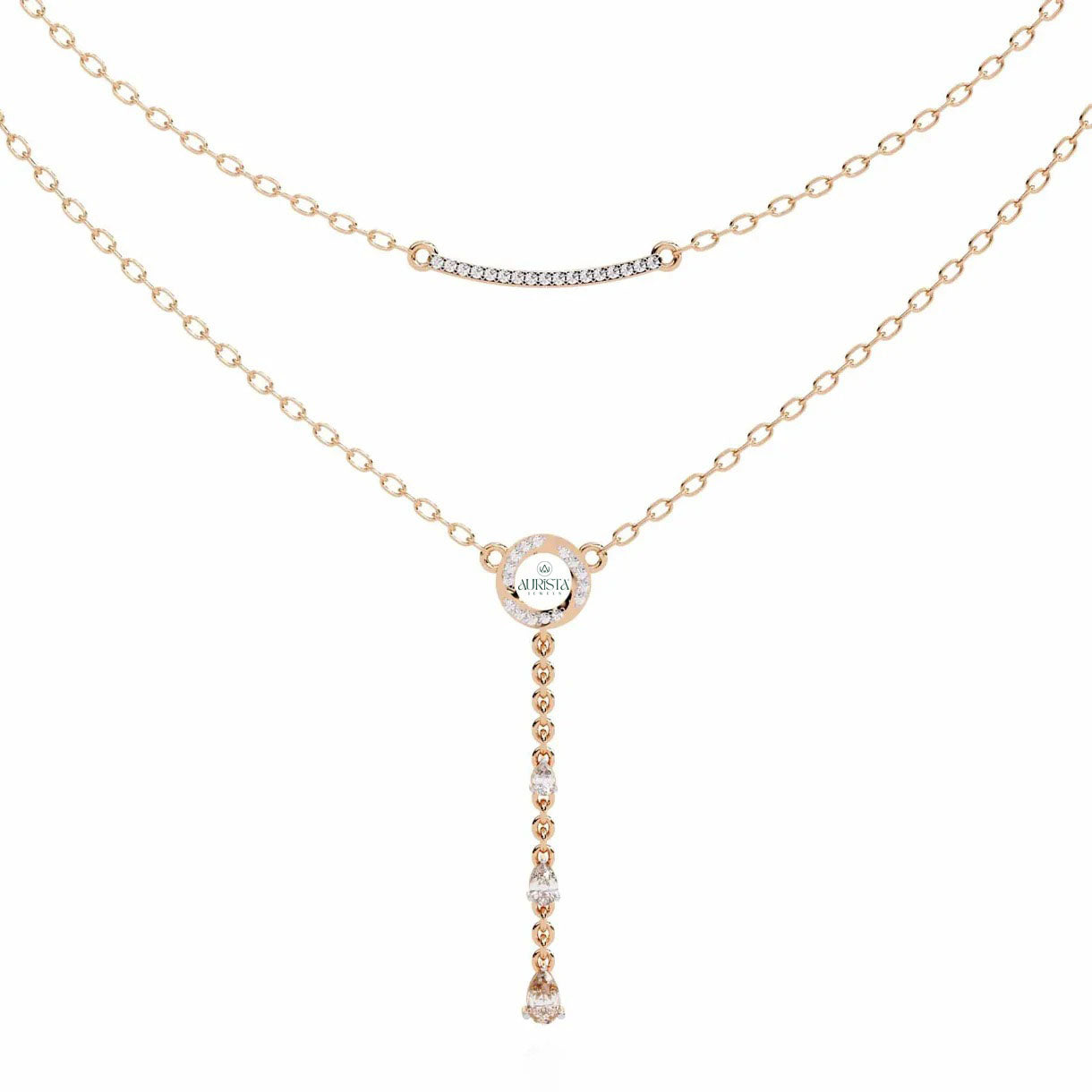 Gold Layered Lariat Necklace Moissanite Diamond Curved Bar Circle Drop Y Necklaces
