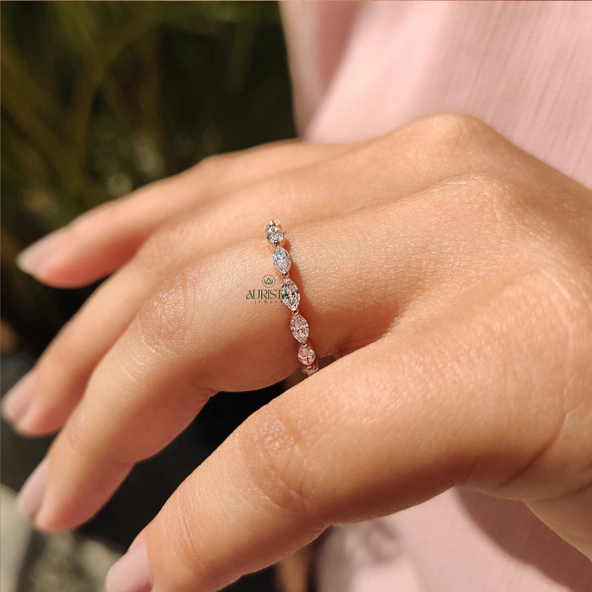 Horizontal Marquise Moissanite Diamond Full Eternity Wedding Band Yellow Gold Ring
