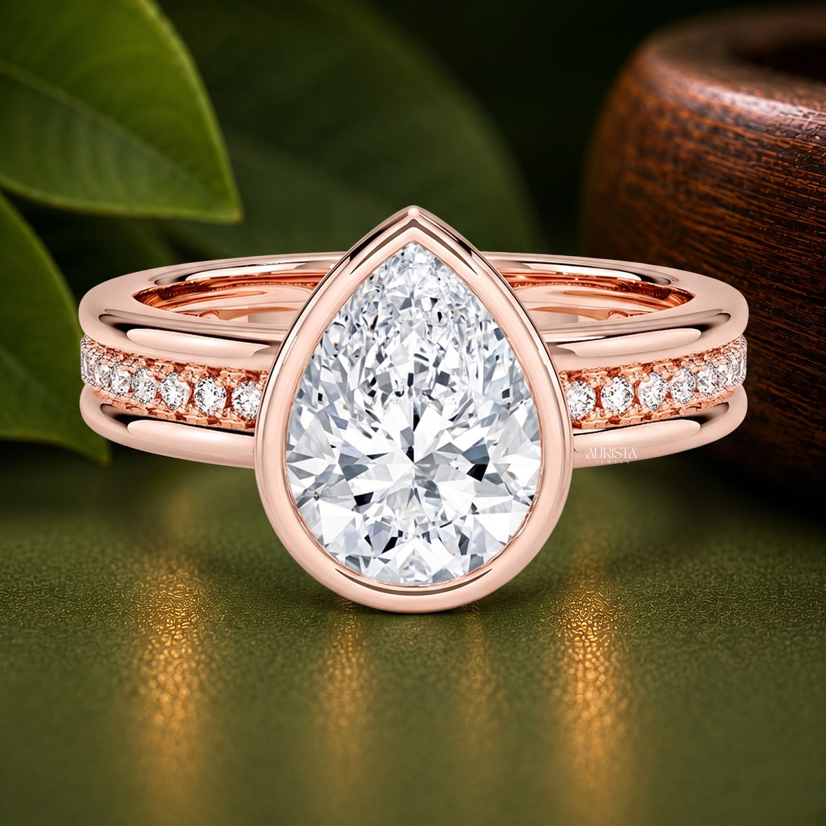 Pear Lab Grown Diamond Ring, Bezel Set Rose Gold With Pave Round Side Stones