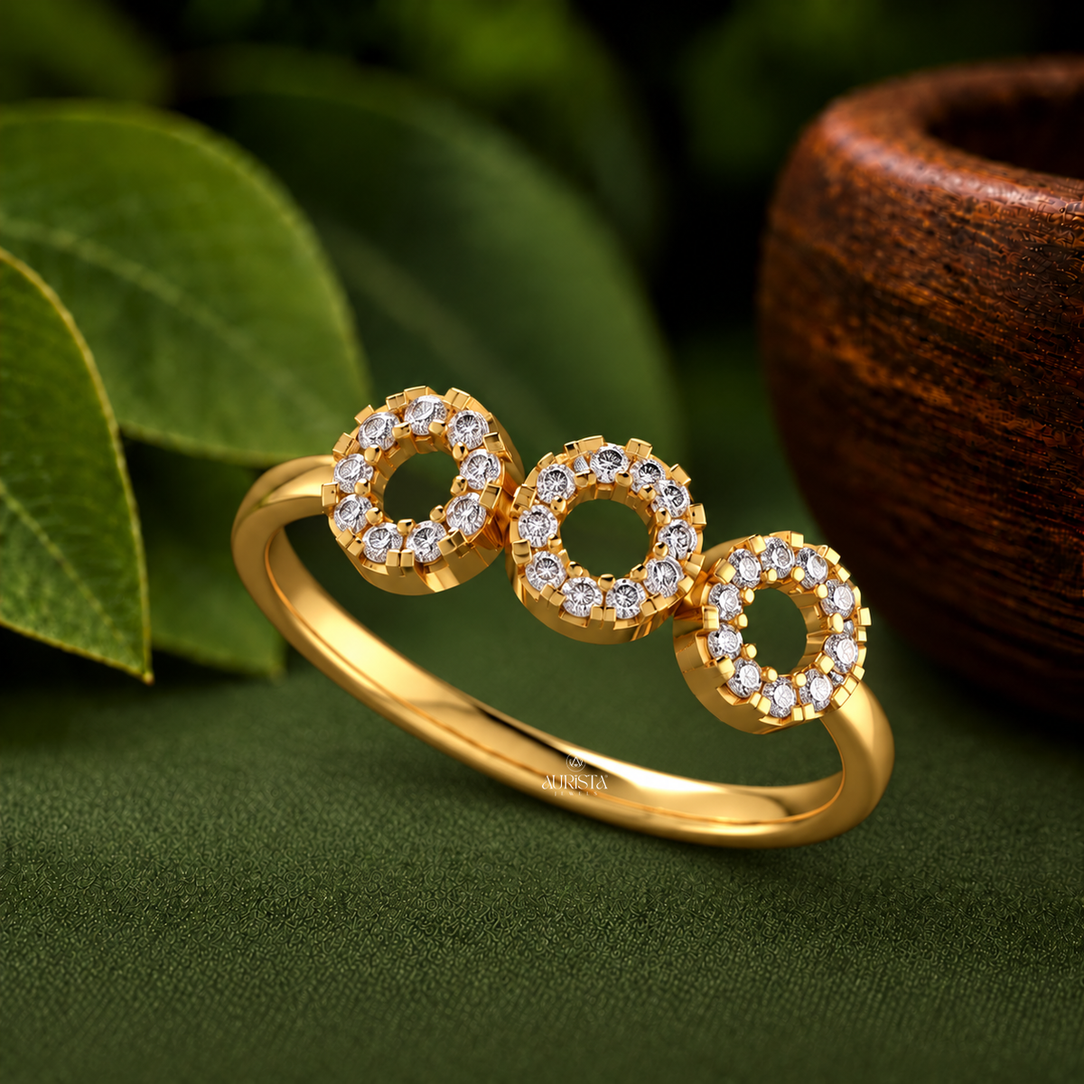 Triple Circle Halo Cluster Ring Lab Grown in Diamond Fine Gold Jewelry