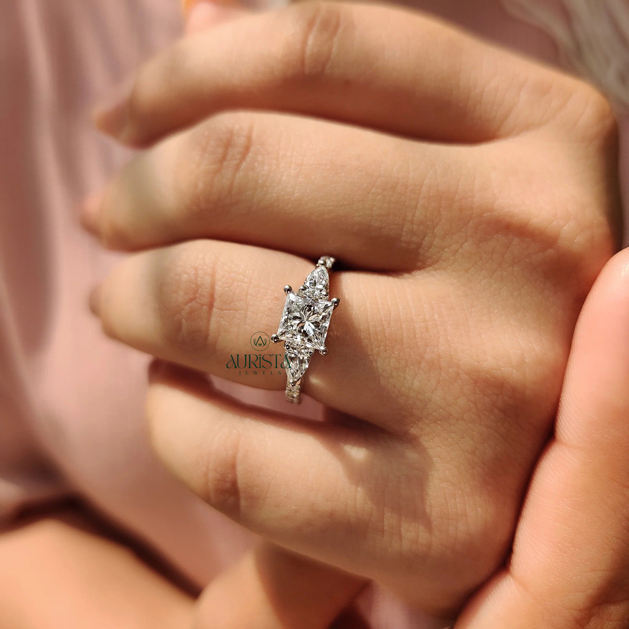 Royal Princess Cut Ring with Dazzling Side Stone Elegance