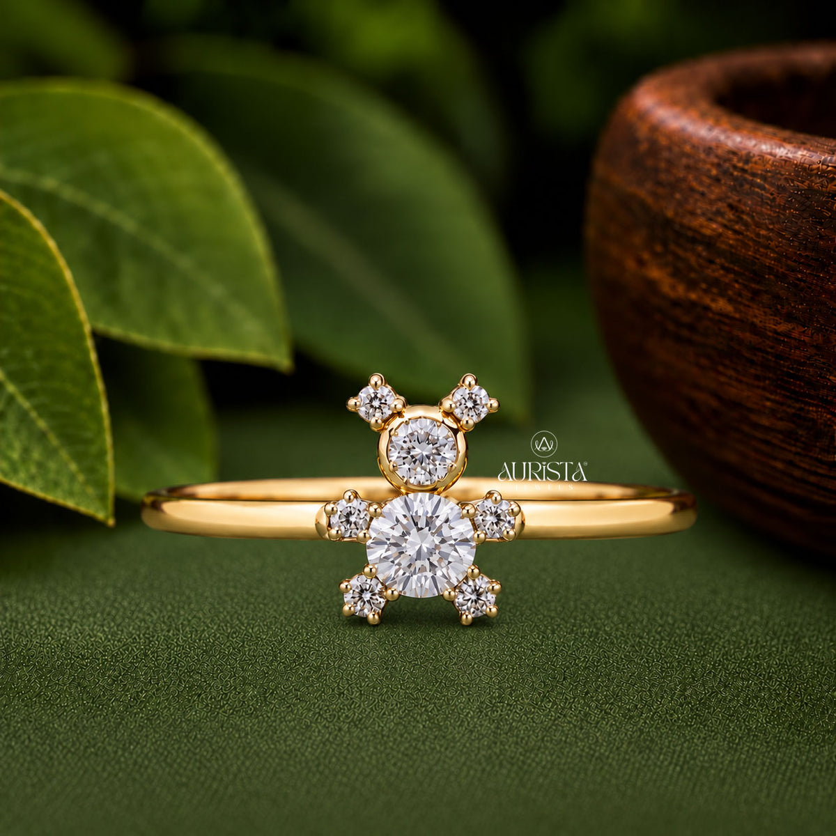 Teddy Bear Lab Grown Diamond Ring, Whimsical Round Cut Gold Statement Jewelry Band