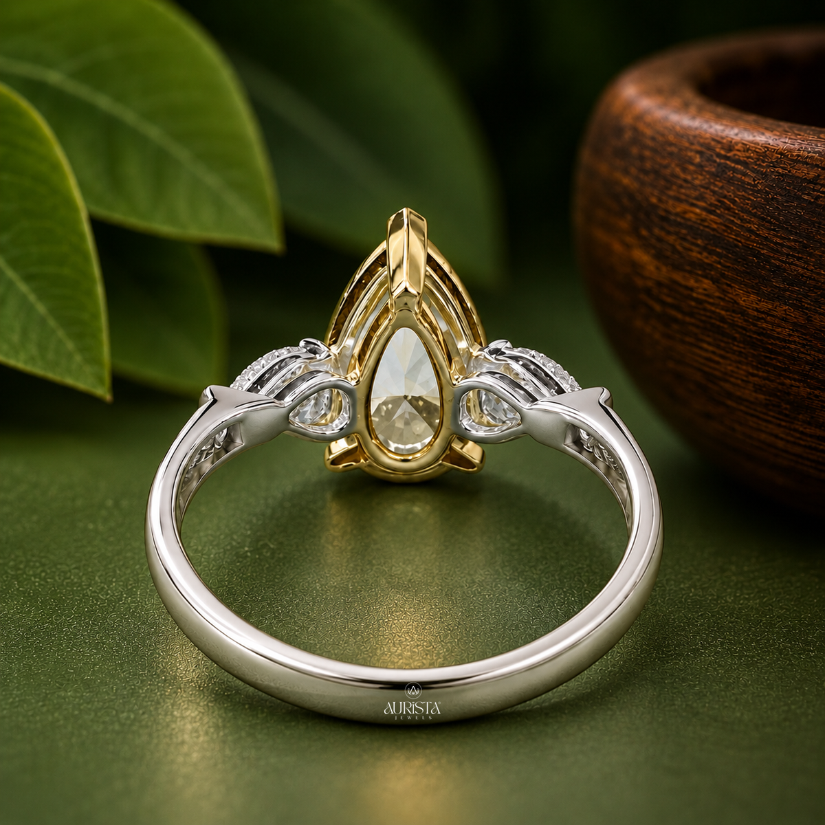 Yellow Pear Three Stone Engagement Ring Band Lab Grown in Diamond