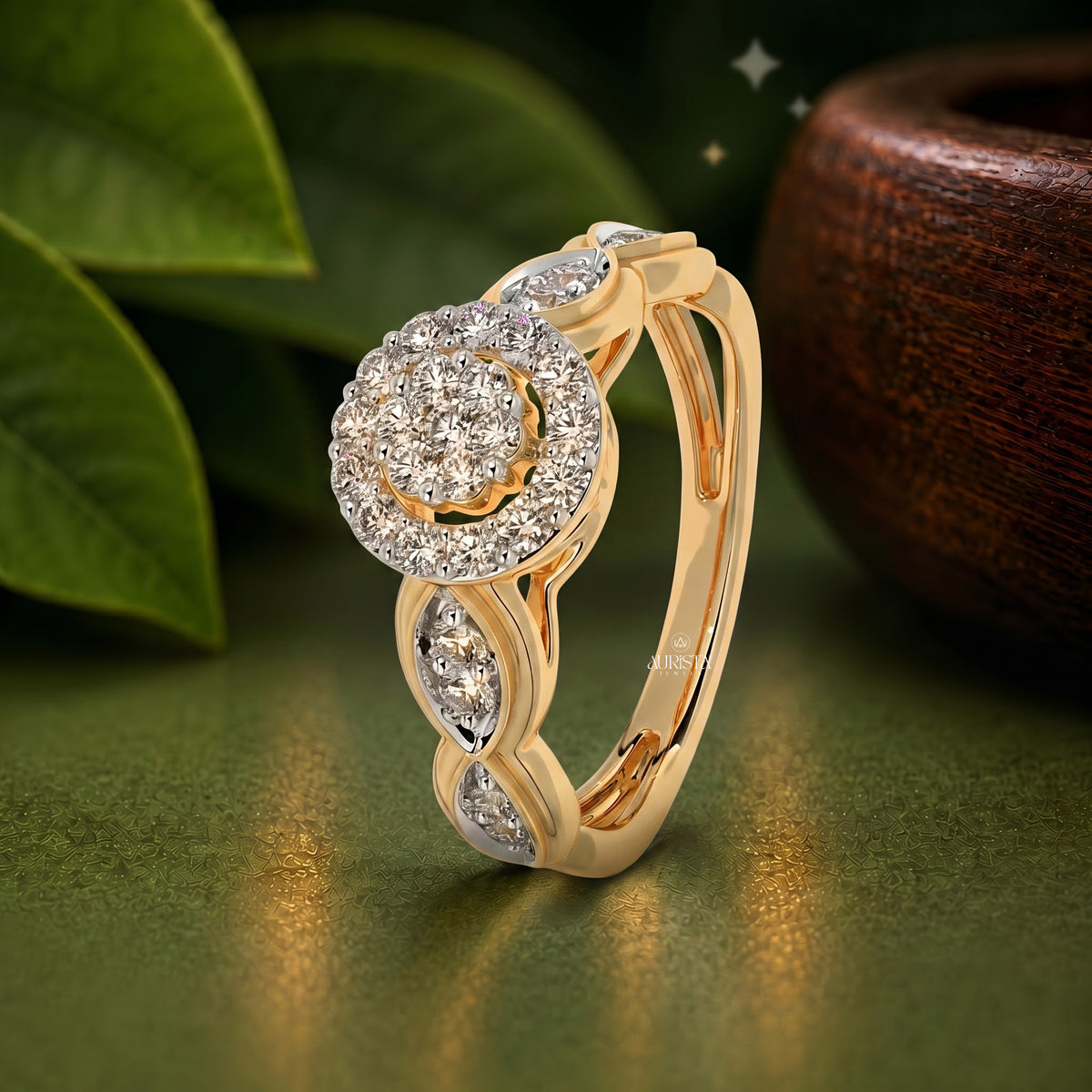 Round Moissanite Diamond Flower Motif Statement Band In Yellow Gold Anniversary Gift