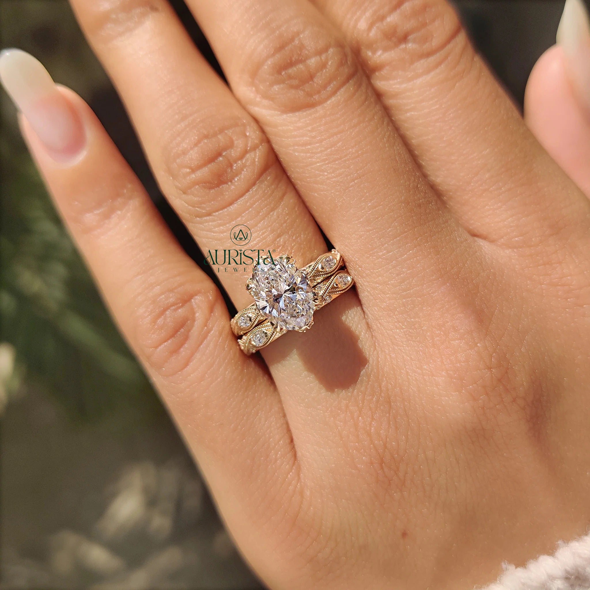 Vintage Oval Diamond Bridal Set - Antique Milgrain Marquise Band Ring