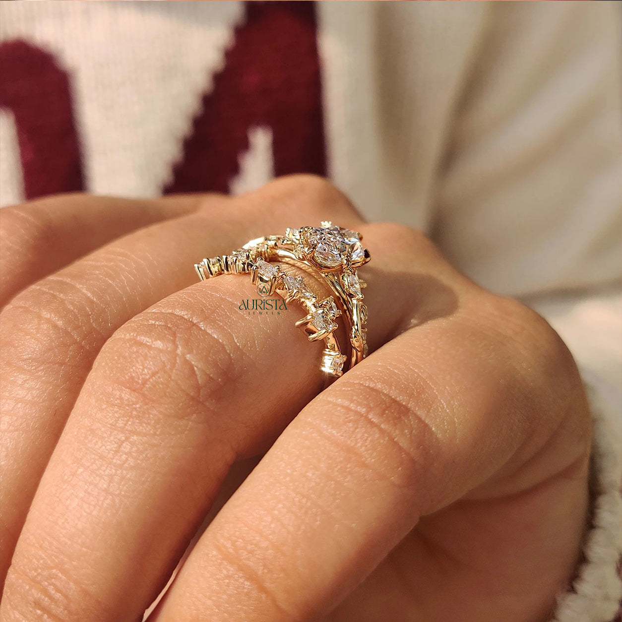 Marquise Cut Diamond Nature-Inspired Leaf and Branch Bridal Ring Set