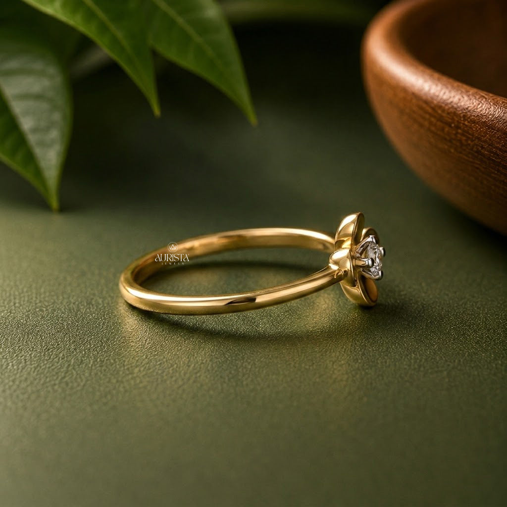 Lab Grown Diamond Gold Floral Ring Dainty Flower Solitaire Stacking Band Sweet