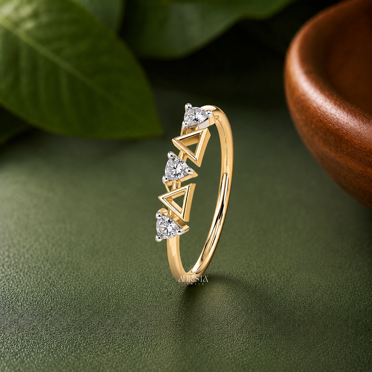 Lab Grown Diamond Gold Trillion Ring Modern Geometric Statement Band Stackable