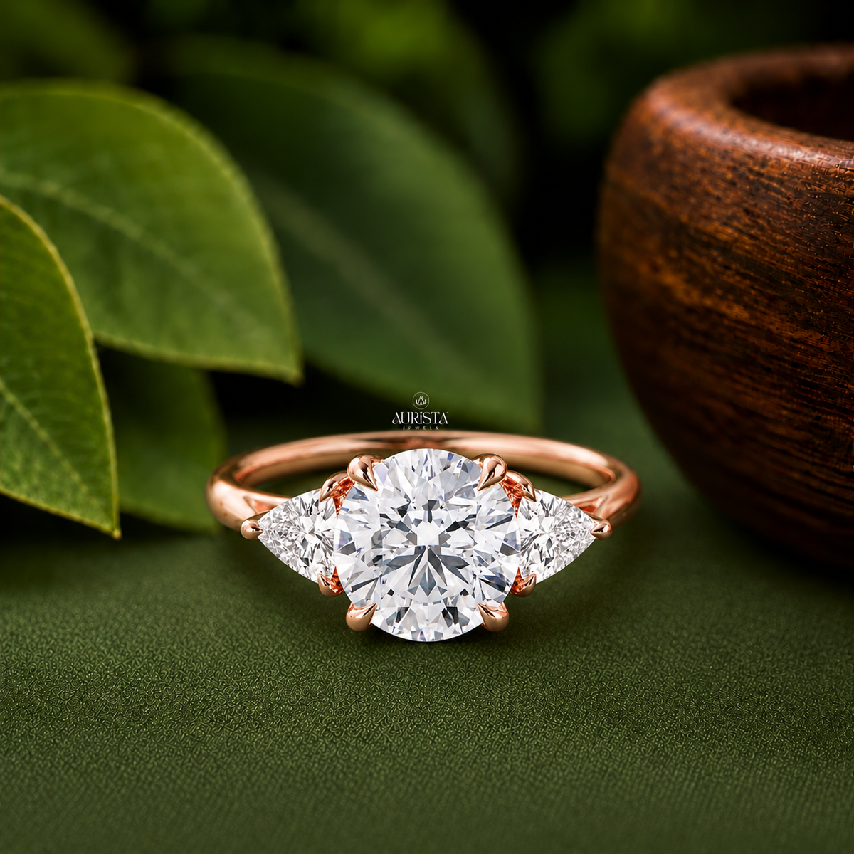 Round & Triangle Lab Grown Diamond Three Stone Ring, Engagement Wedding Band Jewelry