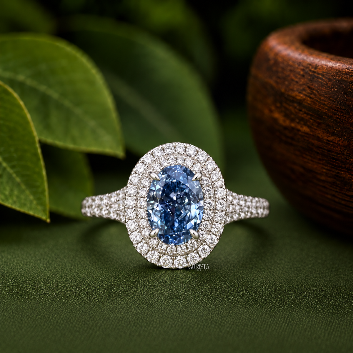 Blue Oval Double Halo Engagement Ring Split Shank Band Lab Grown in Diamond