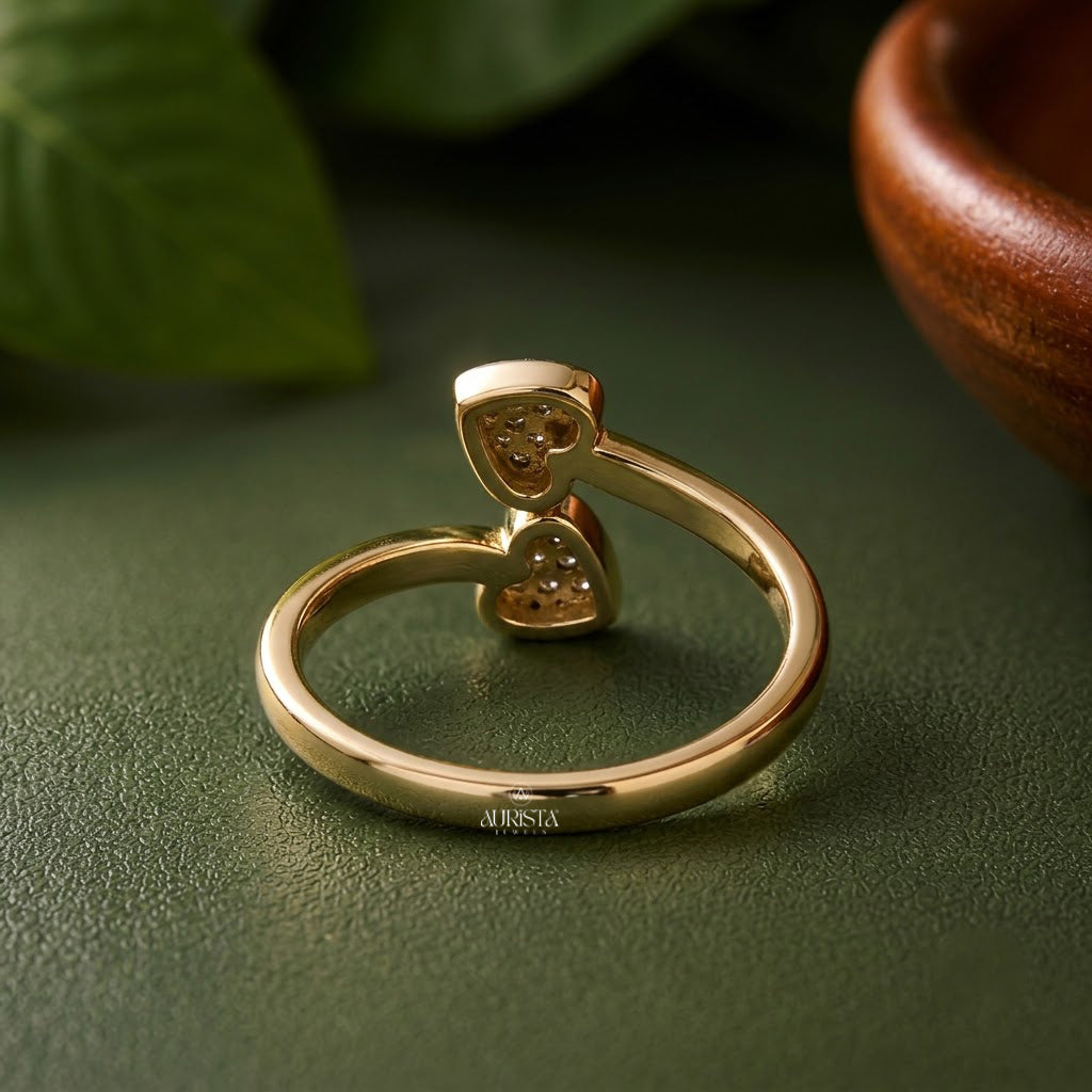 Lab Grown Diamond Gold Double Heart Ring Bypass Band Romantic Stacking Jewelry
