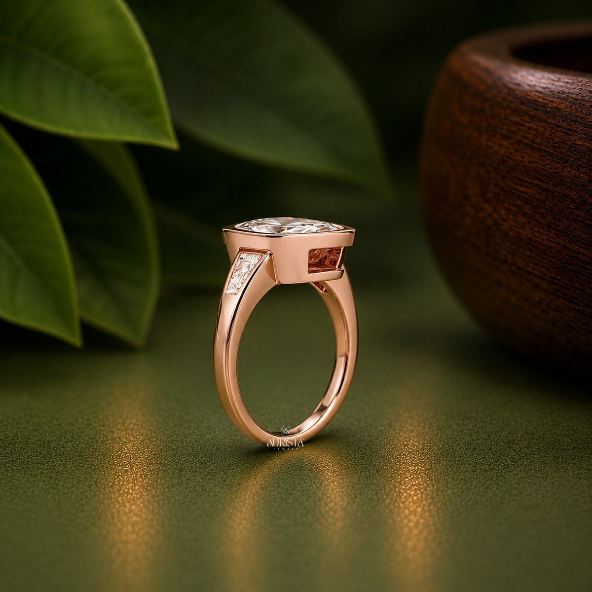 Marquise Lab Grown Diamond Ring, Bezel Set Rose Gold With Tapered Baguette Side Stones