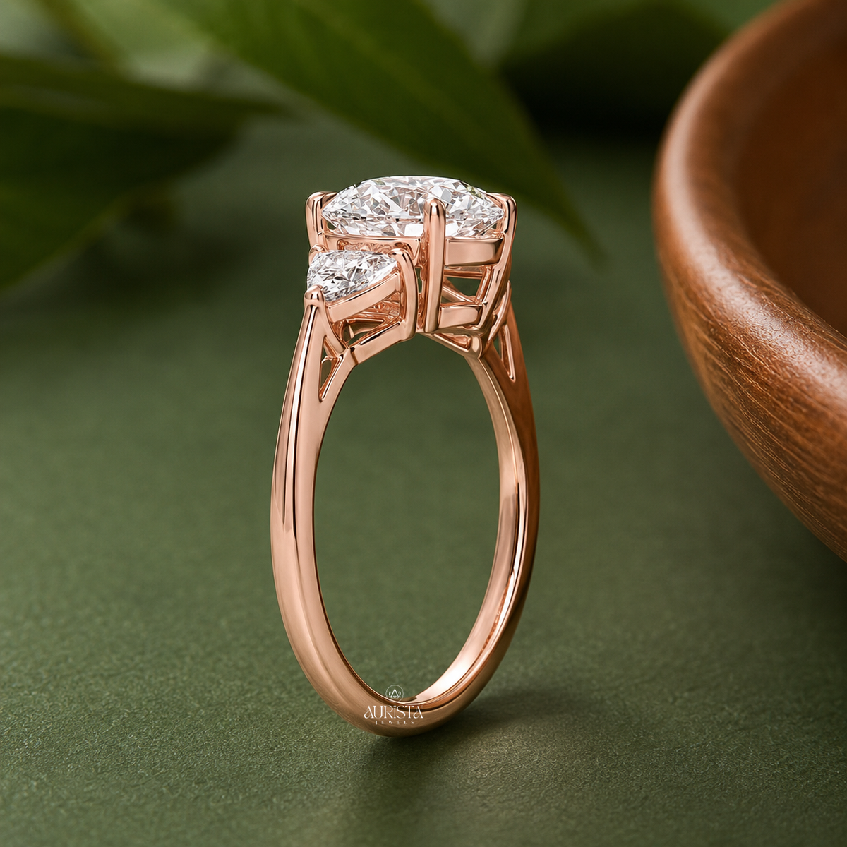 Round & Triangle Lab Grown Diamond Three Stone Ring, Engagement Wedding Band Jewelry