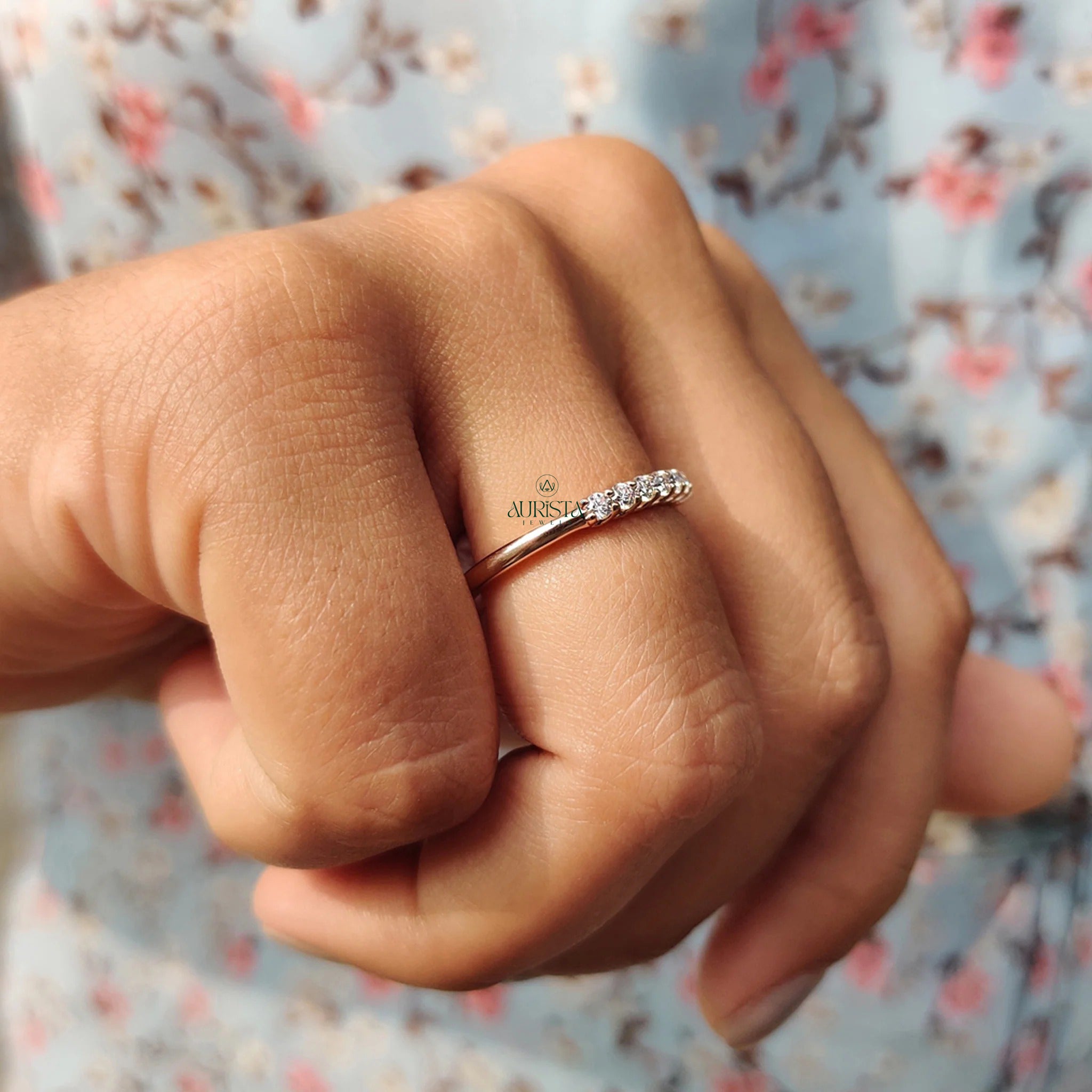 Dainty Moissanite Diamond Station Band Rose Gold Minimalist Stackable Wedding Ring