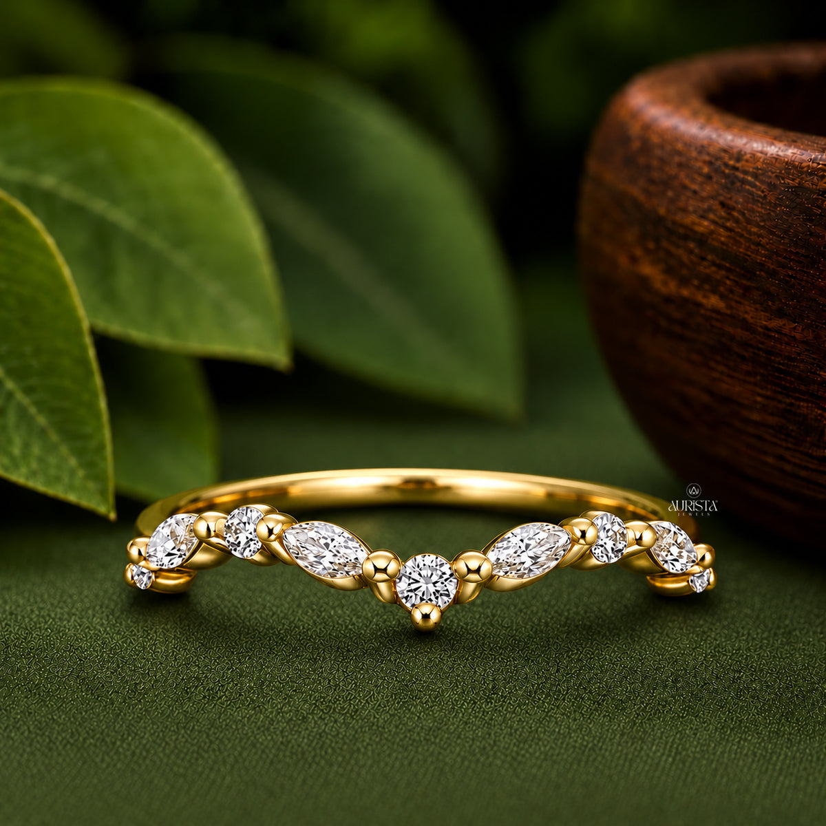 Round & Marquise Lab Grown Diamond V-Ring, Chevron Statement Wedding Band Ring Set