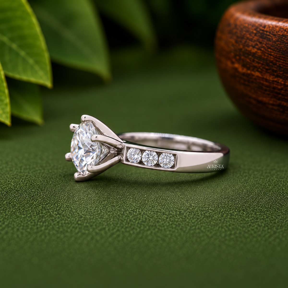 Round Cut Lab Grown Diamond Engagement Ring, 6 Prong Solitaire Ring With Side Stones