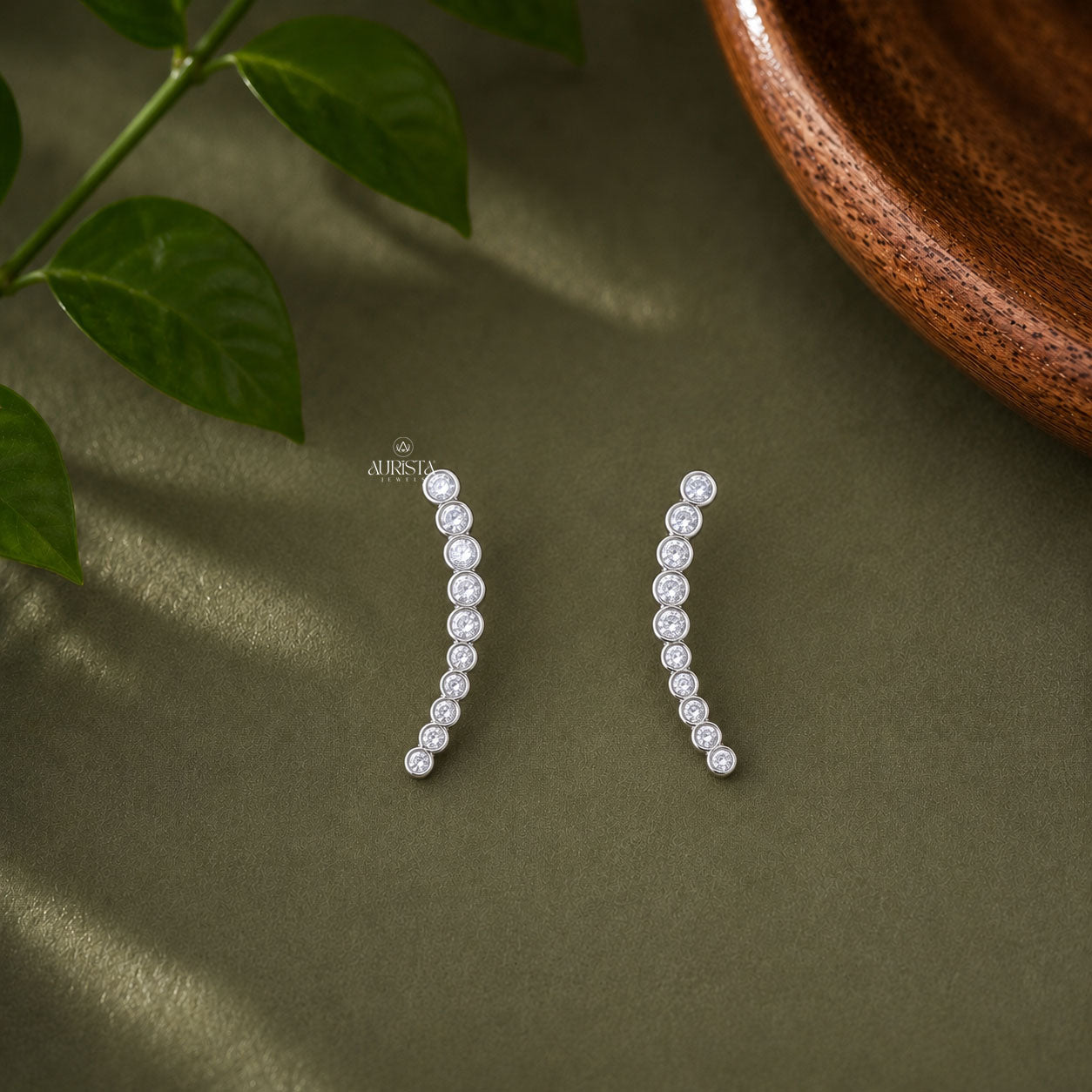 Round Diamond Graduated Ear Climber Earrings - Bezel Set Crawler Earrings