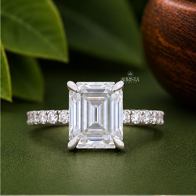 Emerald Cut Lab Grown Diamond Engagement Ring, Pavé Wedding Ring