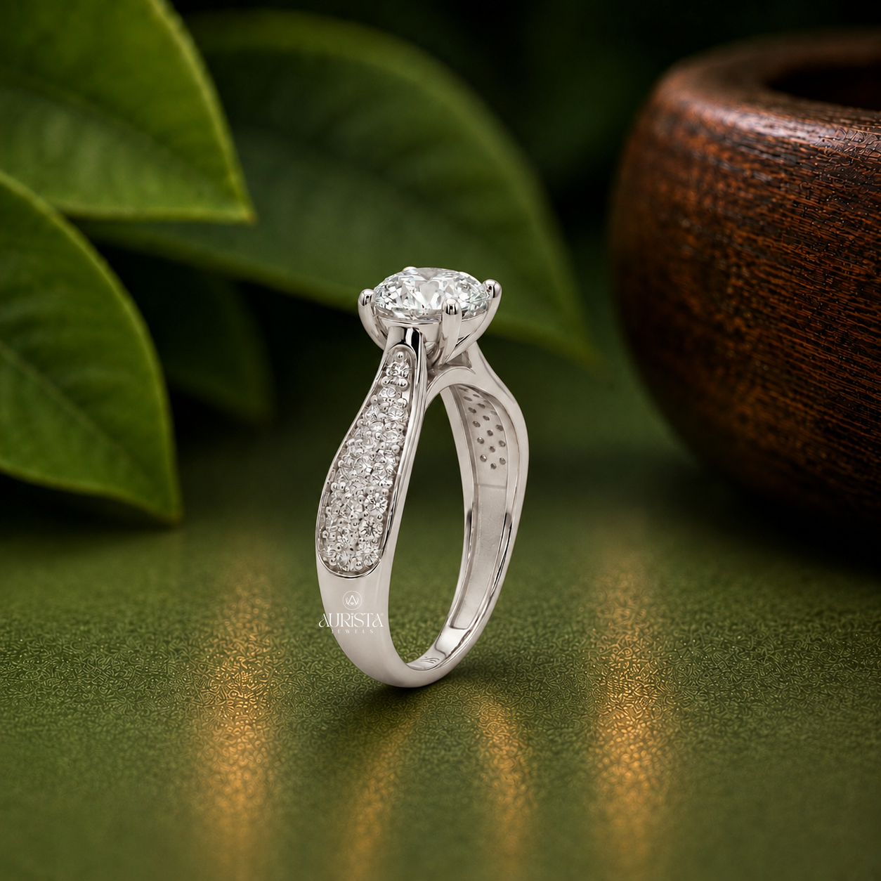 Round Lab Grown Diamond Ring, Pave Shoulder Engagement Ring In High Polish White Gold