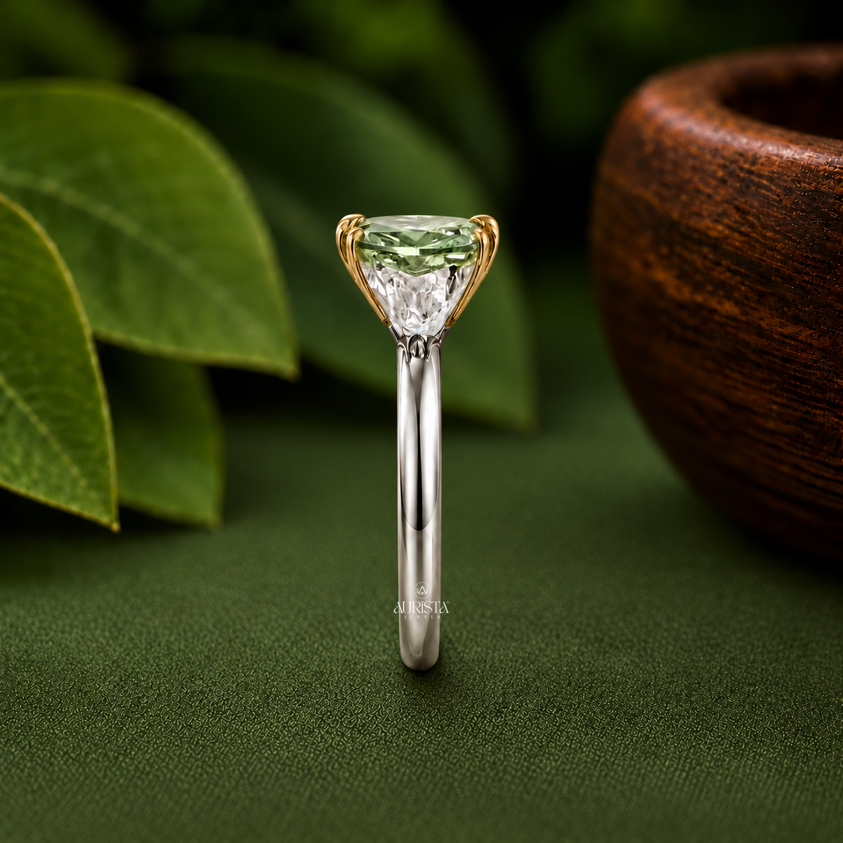 Green Marquise Cut Bezel Set Engagement Ring Solitaire Band Lab Grown in Diamond
