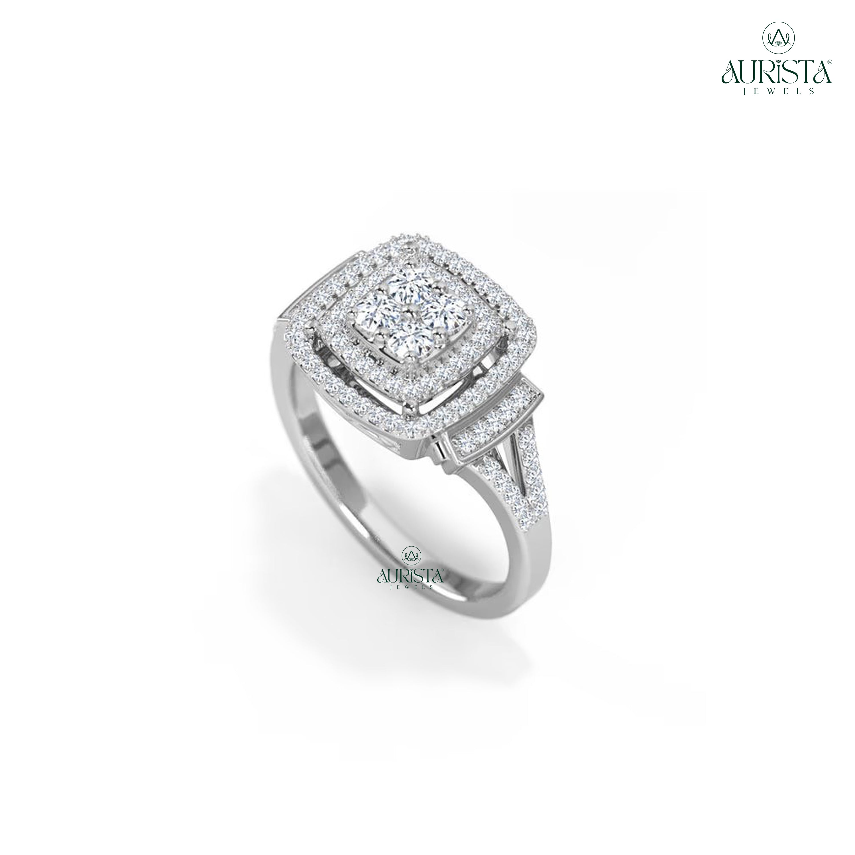 Round Moissanite Diamond Double Halo Cluster Engagement Ring White Gold Bridal