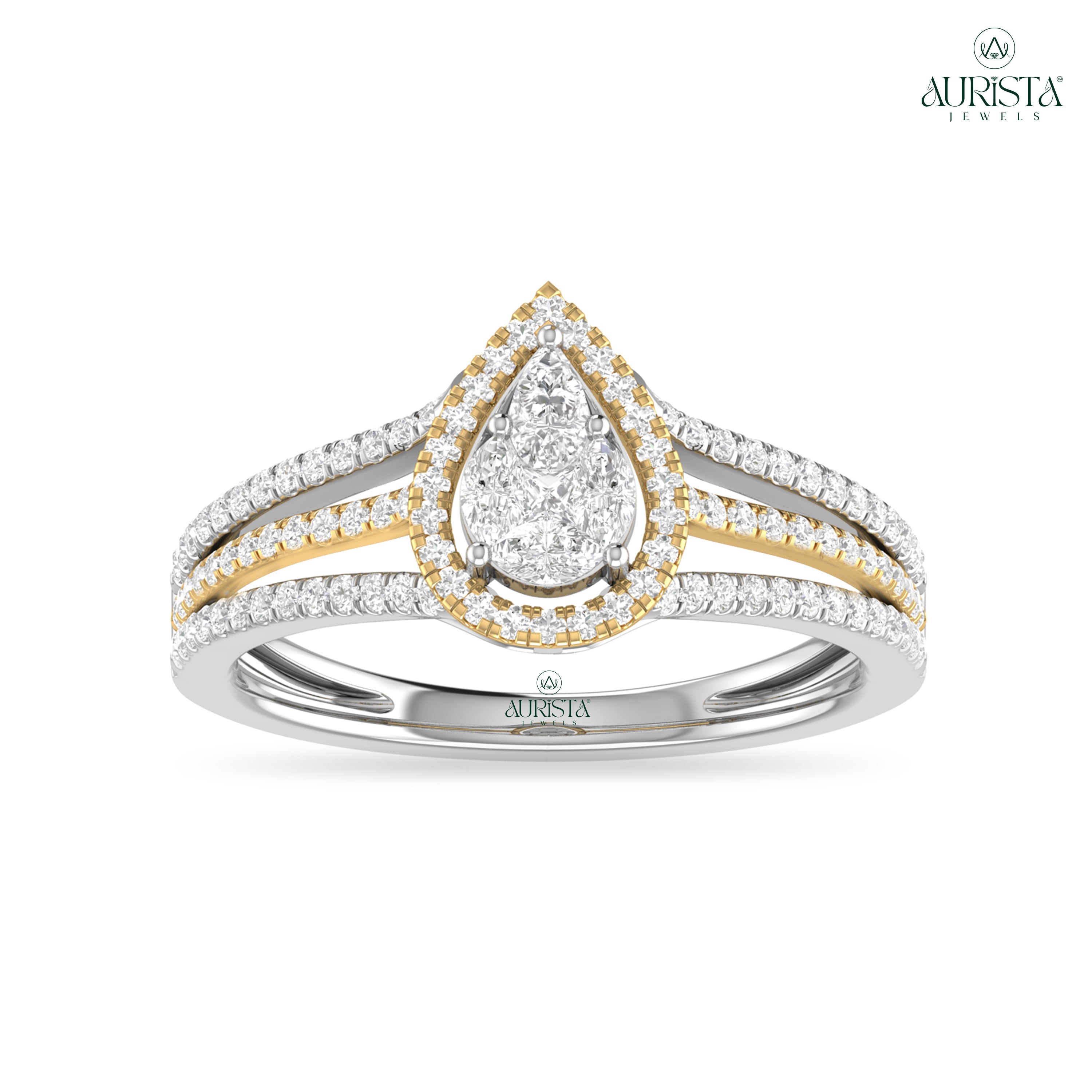 Pear Moissanite Diamond Ring With Round Side Stones Two Tone Gold Halo Engagement Ring