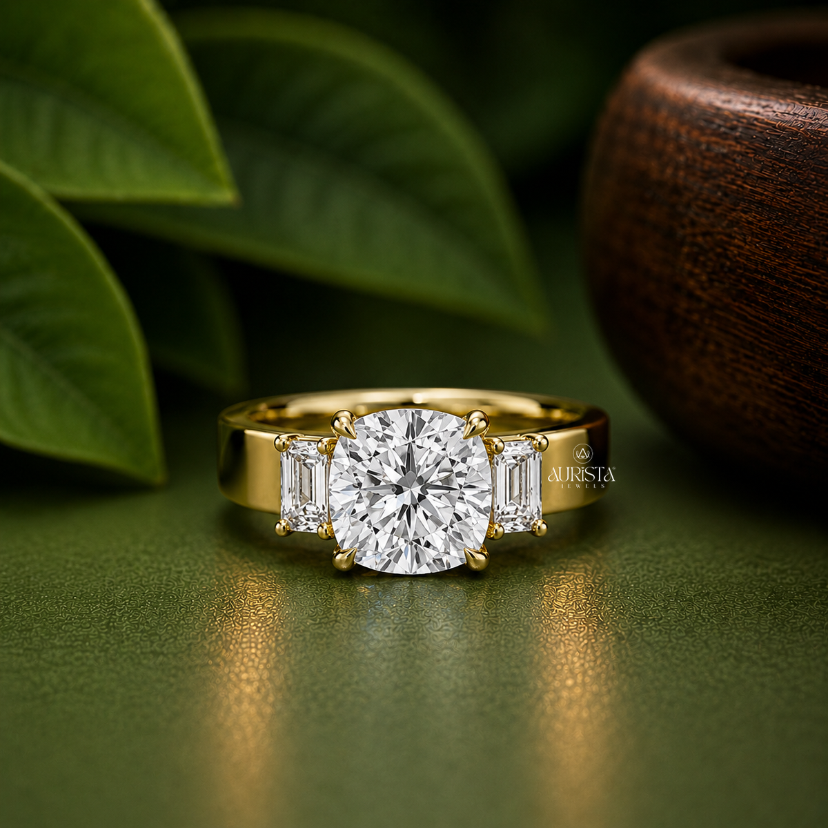 Cushion & Emerald Lab Grown Diamond Three Stone Ring, Thick Band Engagement Ring Band