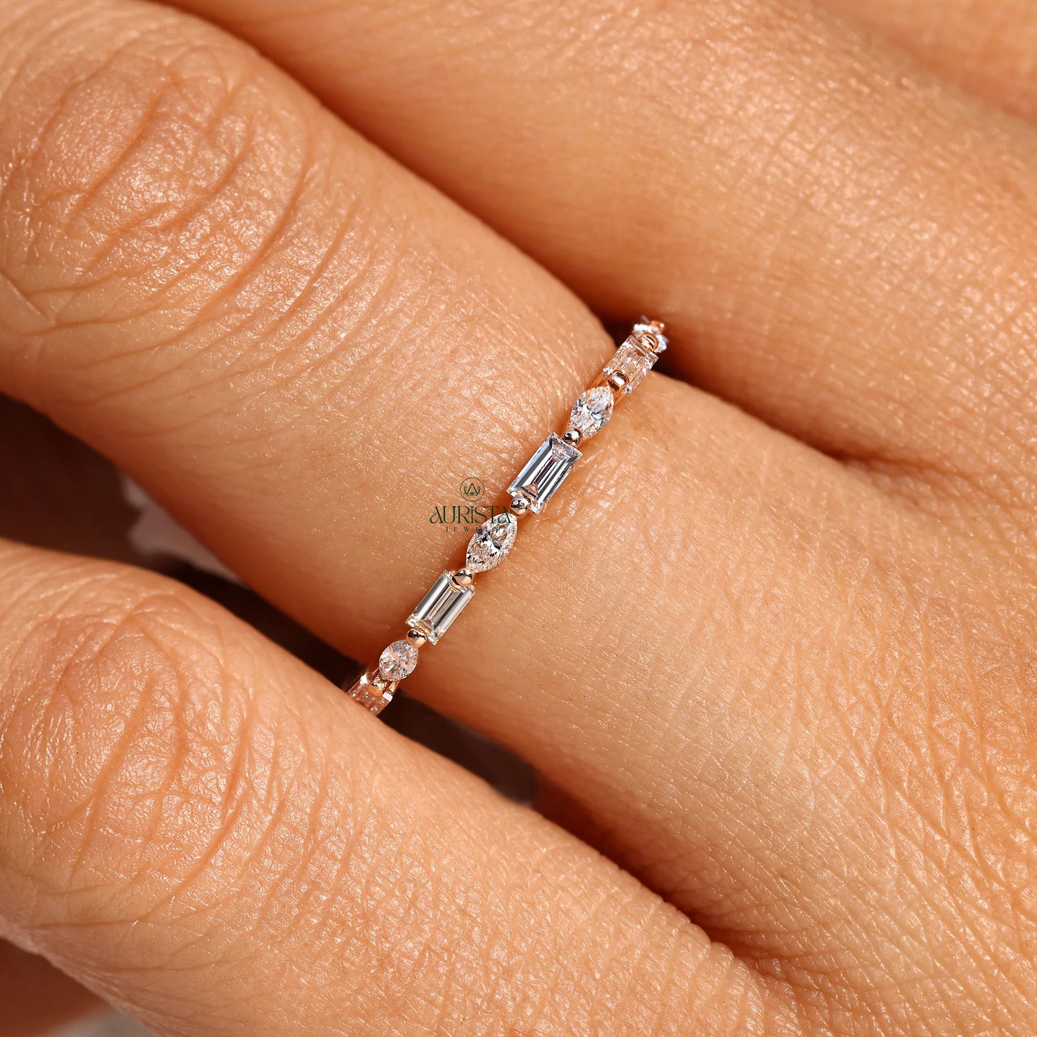Mixed Cut Moissanite Diamond Band, Marquise & Baguette Gold Stackable Wedding Ring