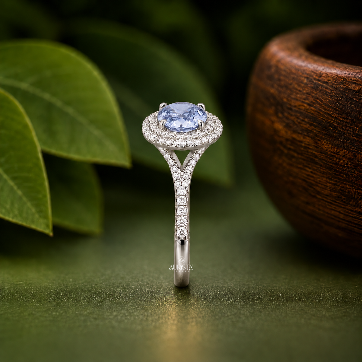 Blue Oval Double Halo Engagement Ring Band Lab Grown in Diamond