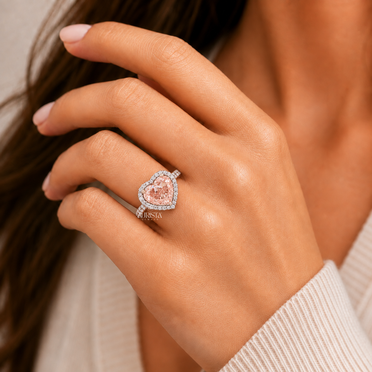 3.02 CT Heart Shaped Pink Lab Grown Diamond Halo Engagement Ring in 14k Rose Gold