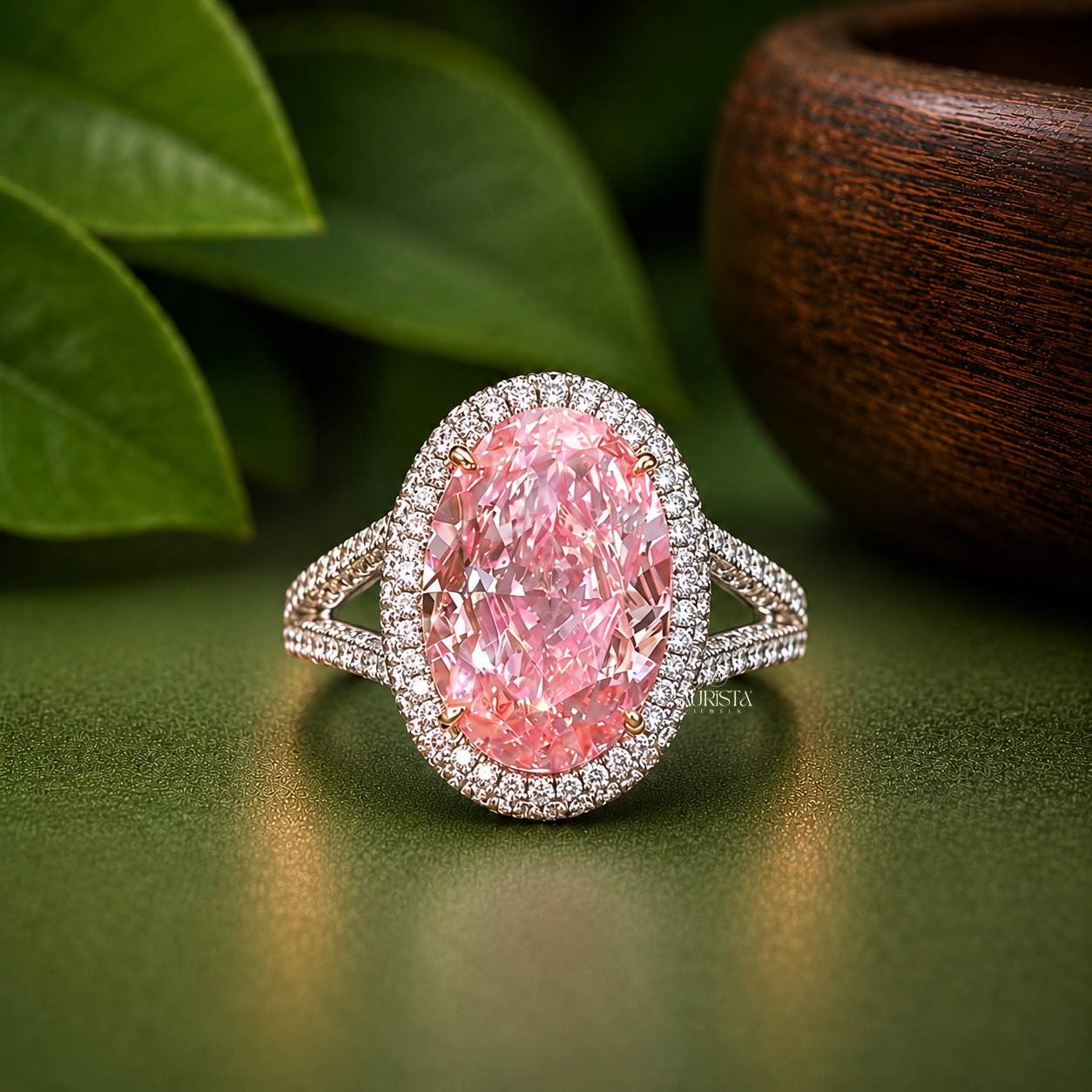 Lab Grown in Diamond Pink Oval Halo Engagement Ring Split Shank Statement Band