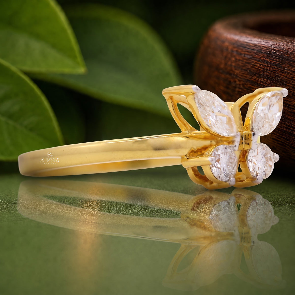 Butterfly Lab Grown Diamond Ring, Marquise & Round Shape Gold Statement Ring