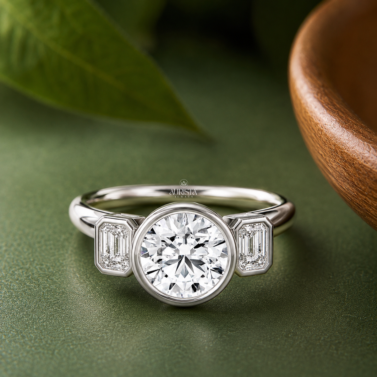 Round & Emerald Lab Grown Diamond Bezel Ring, Three Stone Engagement Wedding Band