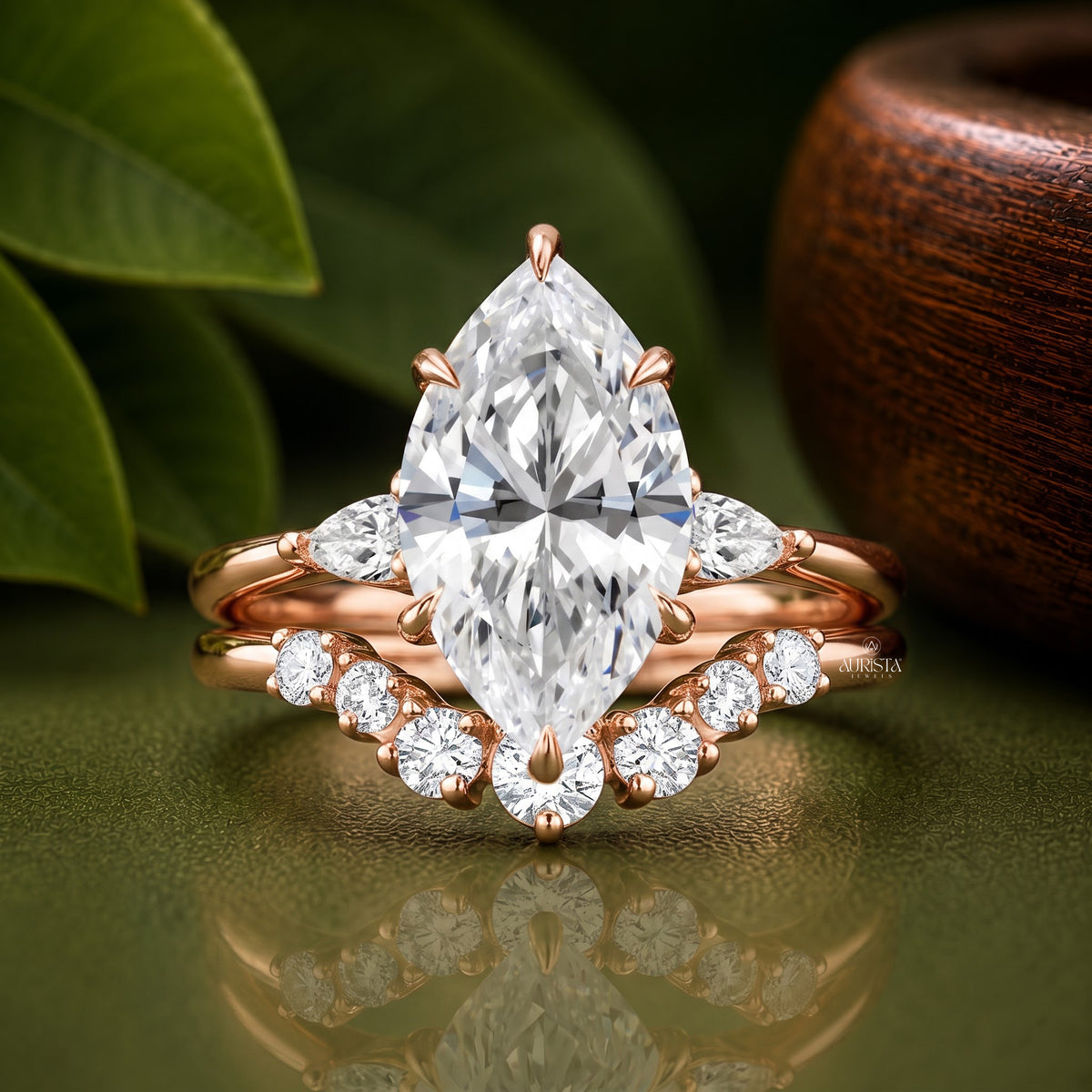 Marquise Moissanite Diamond Ring Set, Rose Gold Three Stone With Curved Pave Band