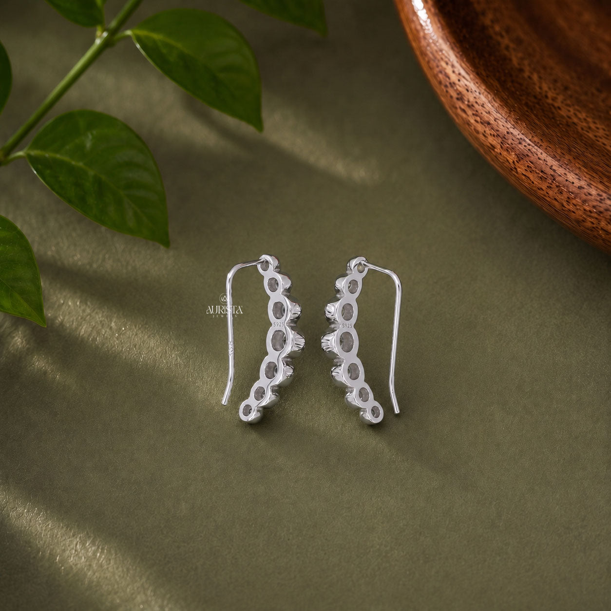 Graduated Moissanite Ear Climber Earrings - Bezel Set Curved  Crawler Earrings