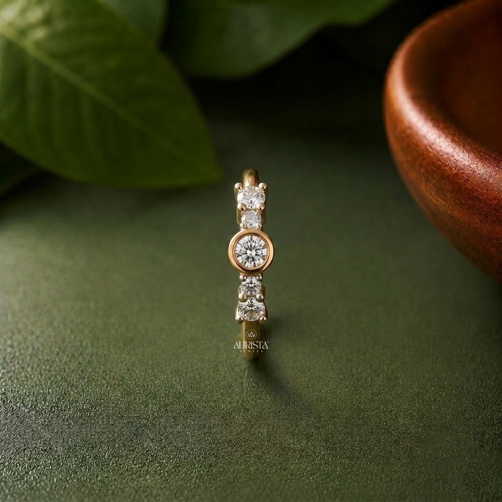 Lab Grown Diamond Gold Bezel Cluster Ring Multi Stone Statement Band Modern Ring
